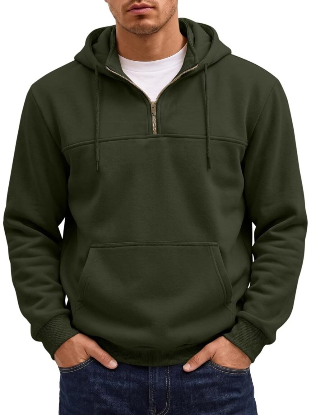 Men's Green Quarter ZIP Casual Pullover Essentials Plain Sweatshirt Hoodies